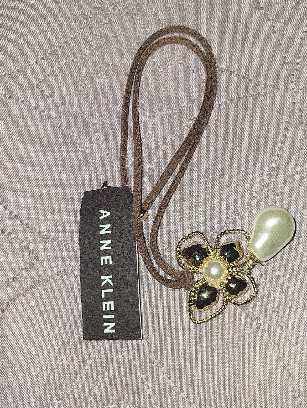 Anne Klein Gold & Gold Flower Pendant Necklace with Pearl Drop - Picture 3 of 4
